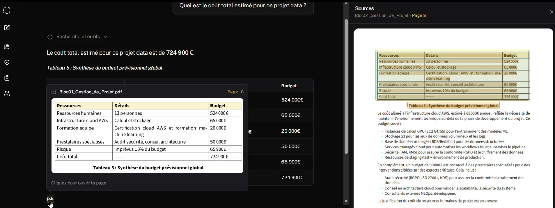 Une réponse de Citrail sur un budget de projet : au survol de la citation p. 8, la vignette montre le tableau source ; à droite, le panneau ouvert sur la page 8, le tableau encadré.